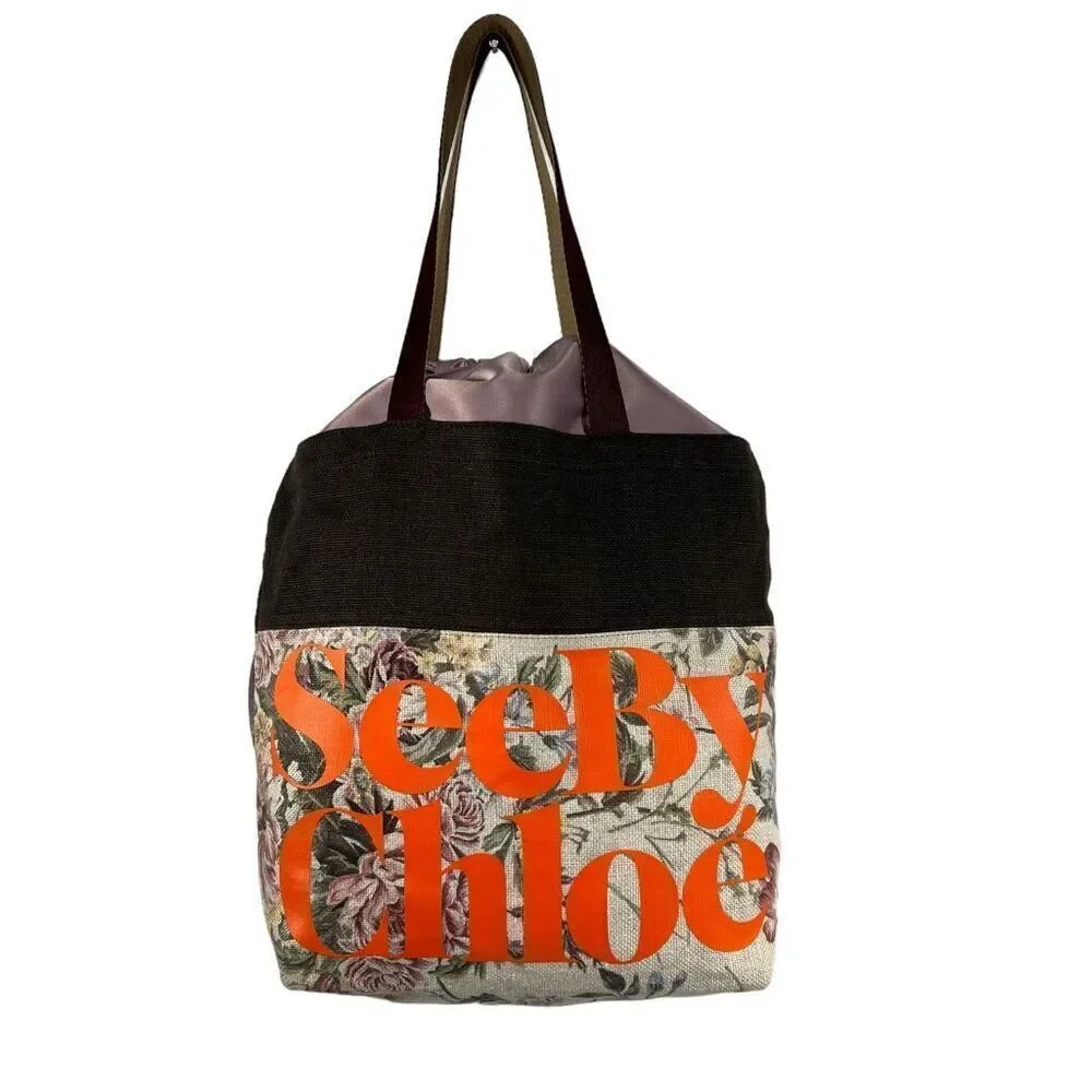 See By Chloé Floral Canvas Casual Style Logo Beige Brown and Purple Tote Bag